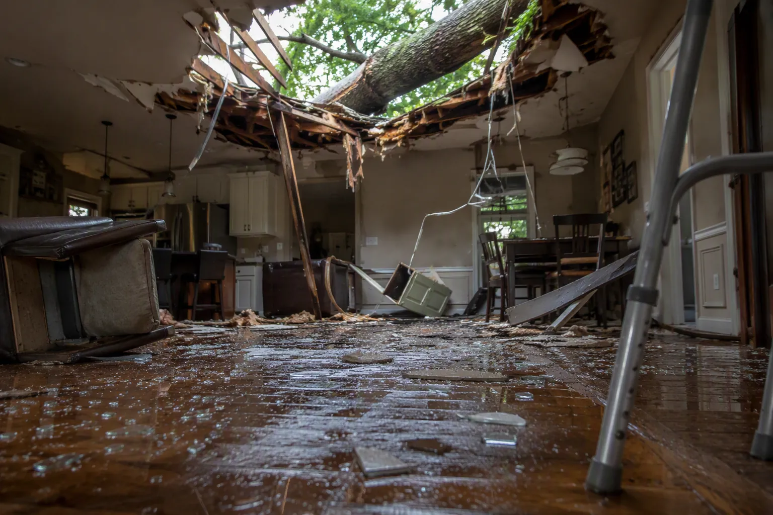 Interior tree damage with wet flooring, broken glass, debris, exposed wiring, and a cane at the edge of the room
