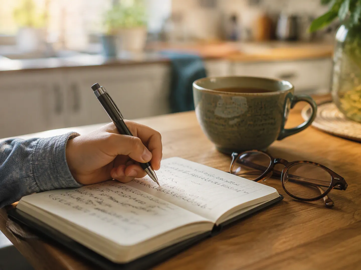 Hand writing short observation notes in a notebook on a kitchen table