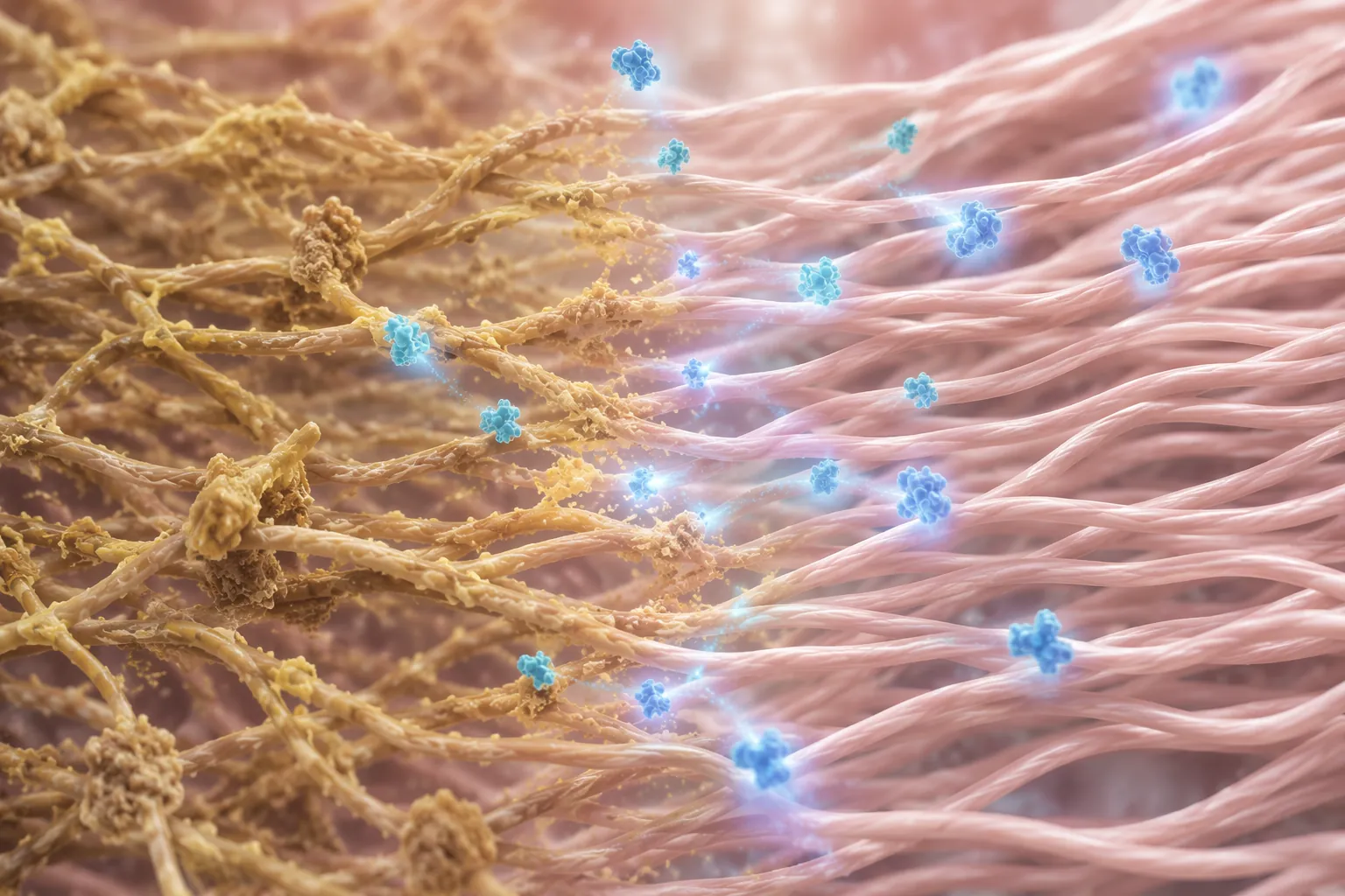 Microscopic-style view of damaged tissue fibers transitioning toward smoother repaired fibers with enzyme particles