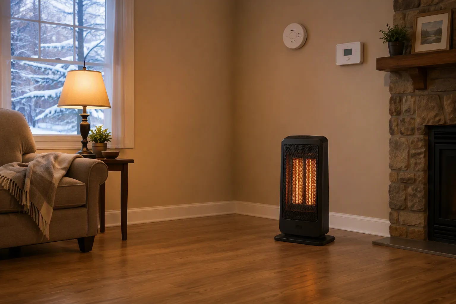 Winter living room with a space heater kept clear, a wall thermostat, and a carbon monoxide detector