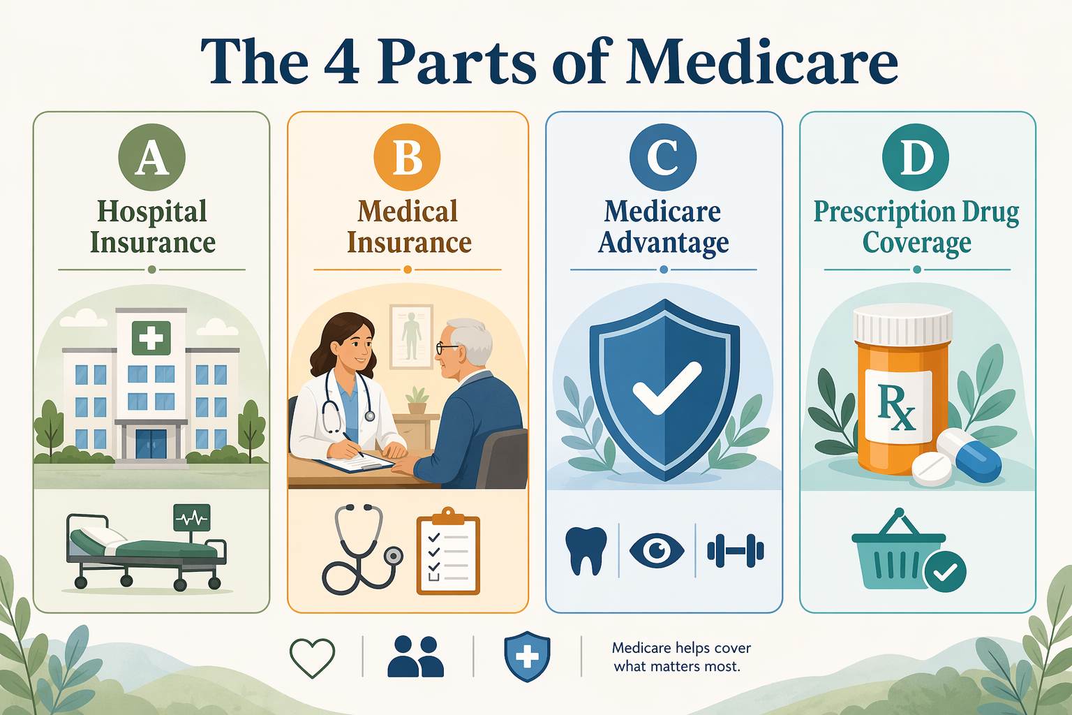 Four clean panels in sage green, amber, soft blue, and light teal, each labeled with a Medicare part: Part A with a hospital icon, Part B with a doctor visit icon, Part C with a shield icon, and Part D with a prescription bottle icon.