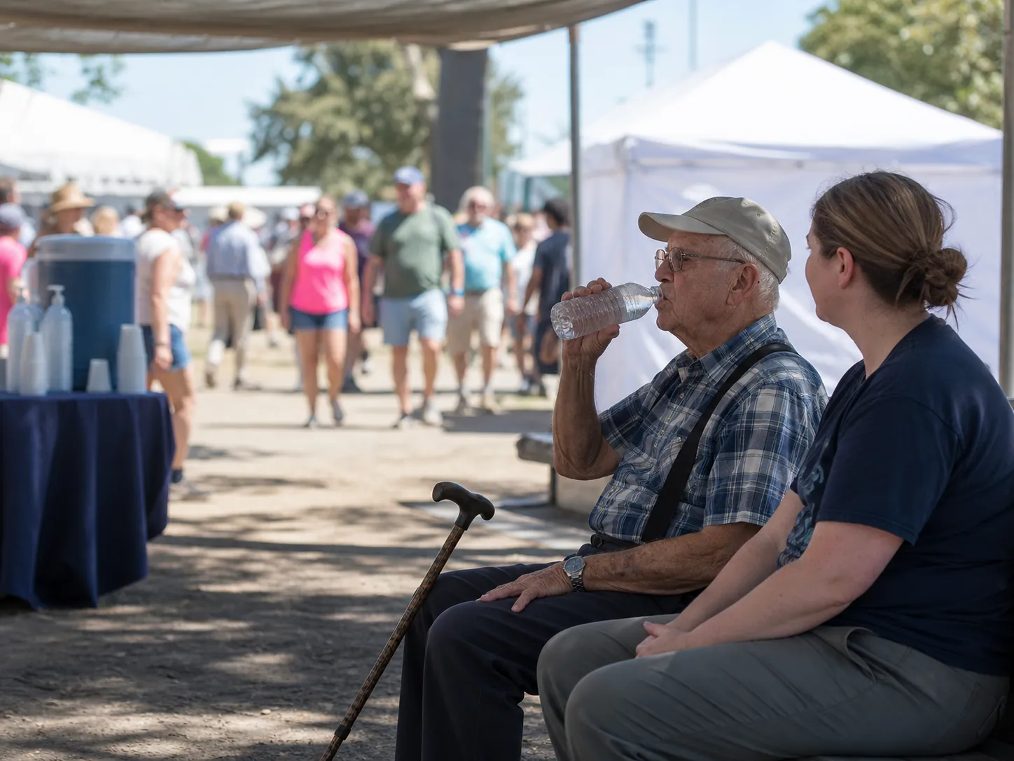 Older man resting on a shaded bench at a busy fair with water, a cane, a caregiver, and a first-aid tent nearby