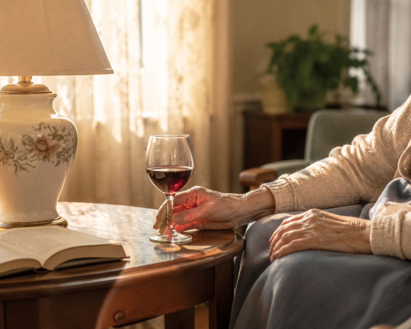 A glass of red wine on a side table in a warm nursing home common room