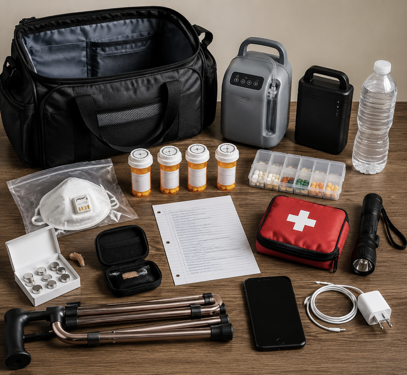 Flat lay of a senior emergency go-bag with masks, medication list, batteries, and mobility supplies.