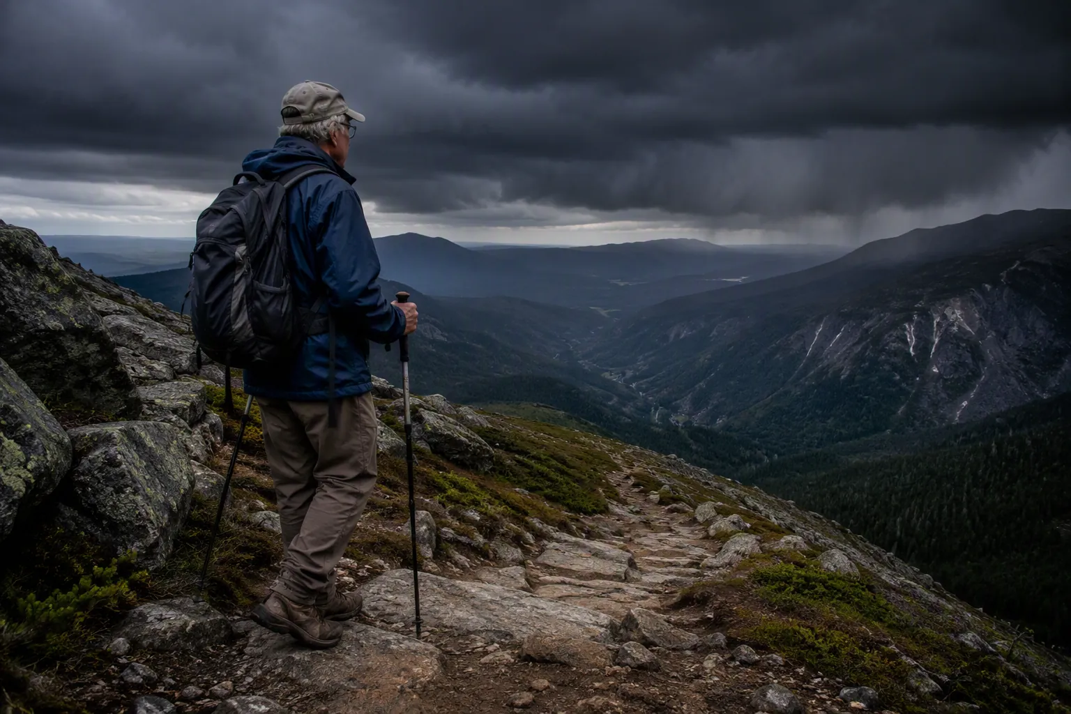 Senior hiker standing steadily with trekking poles on a rocky trail under an approaching storm sky