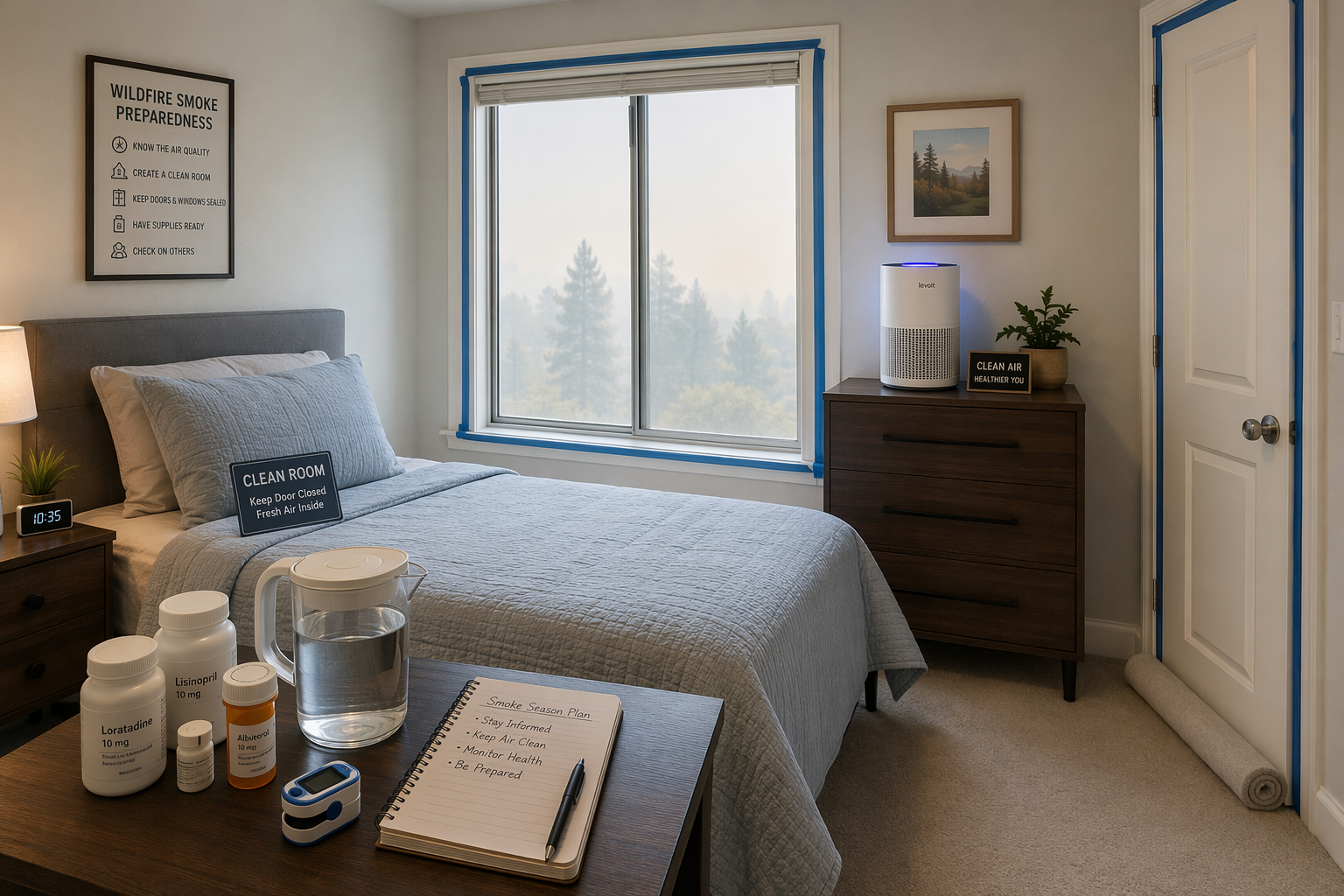Prepared clean bedroom with portable HEPA air purifier, sealed windows, medications, water, notebook, and pulse oximeter