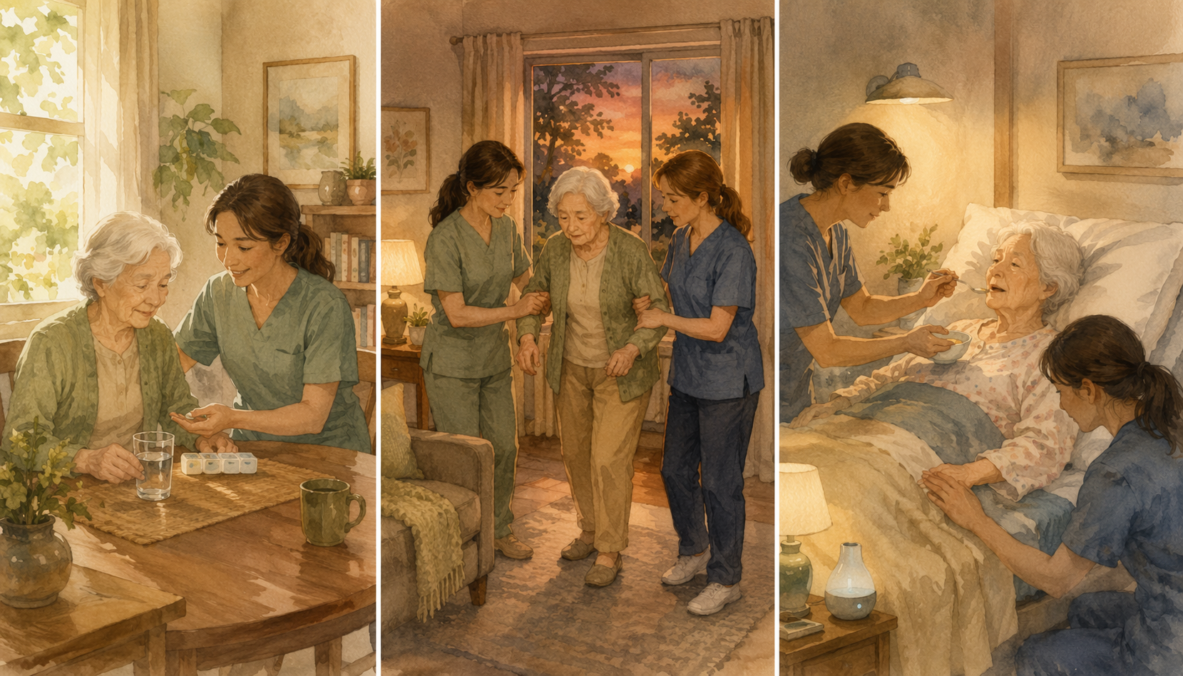 A triptych illustration showing three stages of dementia home care: one caregiver offering companionship in a sunlit room, two caregivers assisting with walking in evening light, and a caregiver providing full bedside care in a bedroom.