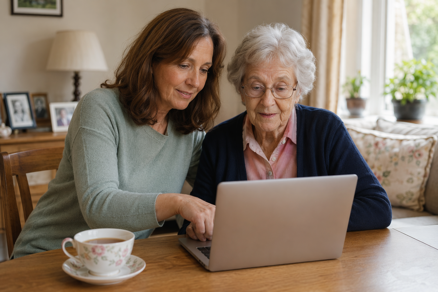 A middle-aged daughter sits with her older mother at a dining table and reviews something on a laptop in a calm, protective conversation.