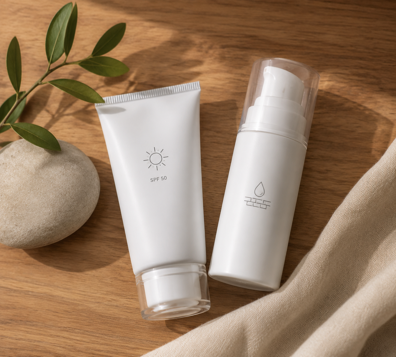Two simple skincare tubes representing mineral sunscreen and ceramide moisturizer