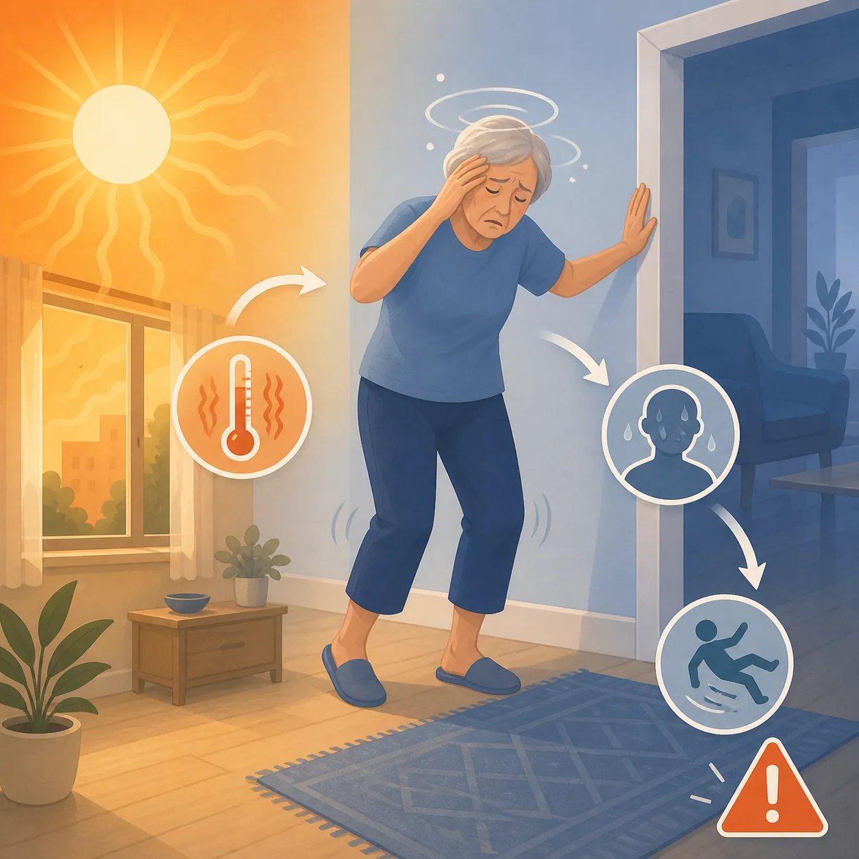 Illustration of heat waves leading to an older adult standing unsteadily near a doorway and floor rug