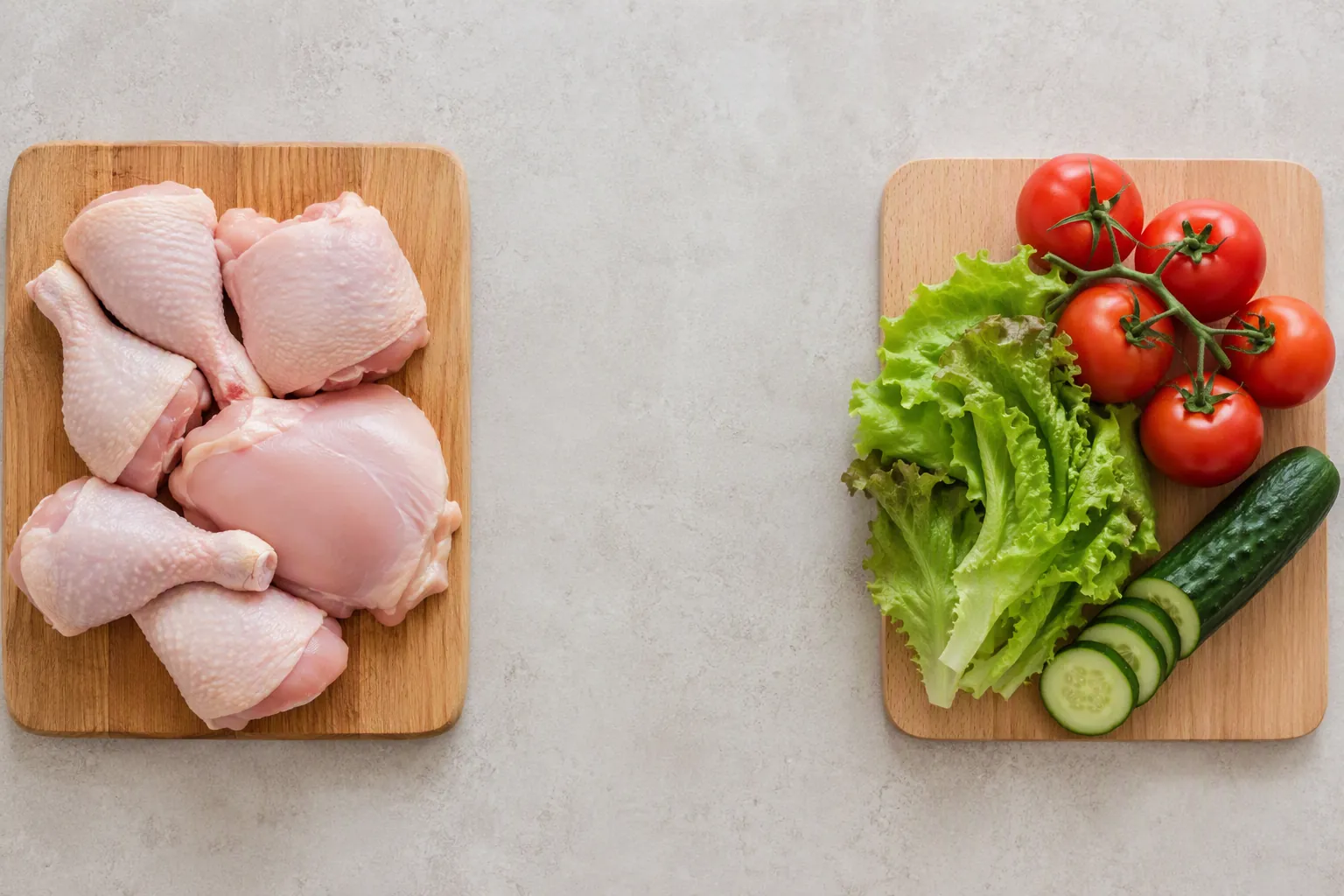 Two separate cutting boards on a counter, one with raw chicken and one with fresh vegetables