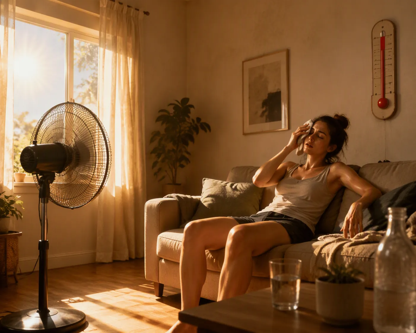 Hot living room with an oscillating fan and a wall thermometer in the red zone
