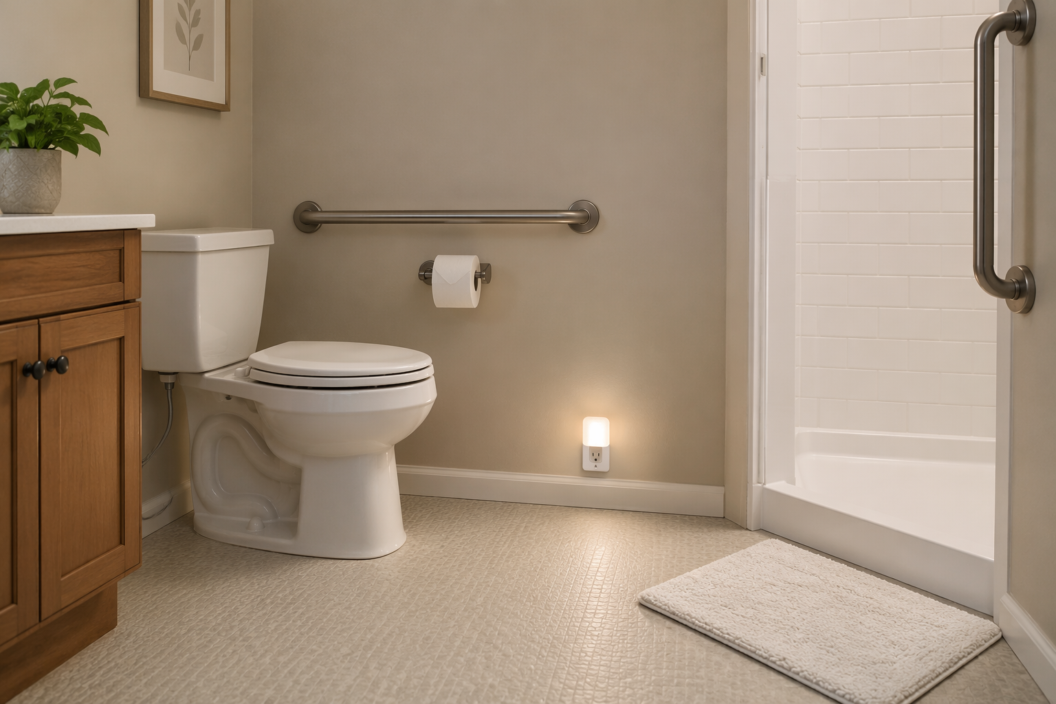 Bathroom with grab bars beside the toilet and shower, slip-resistant flooring, non-slip bath mat, and motion-sensor night light