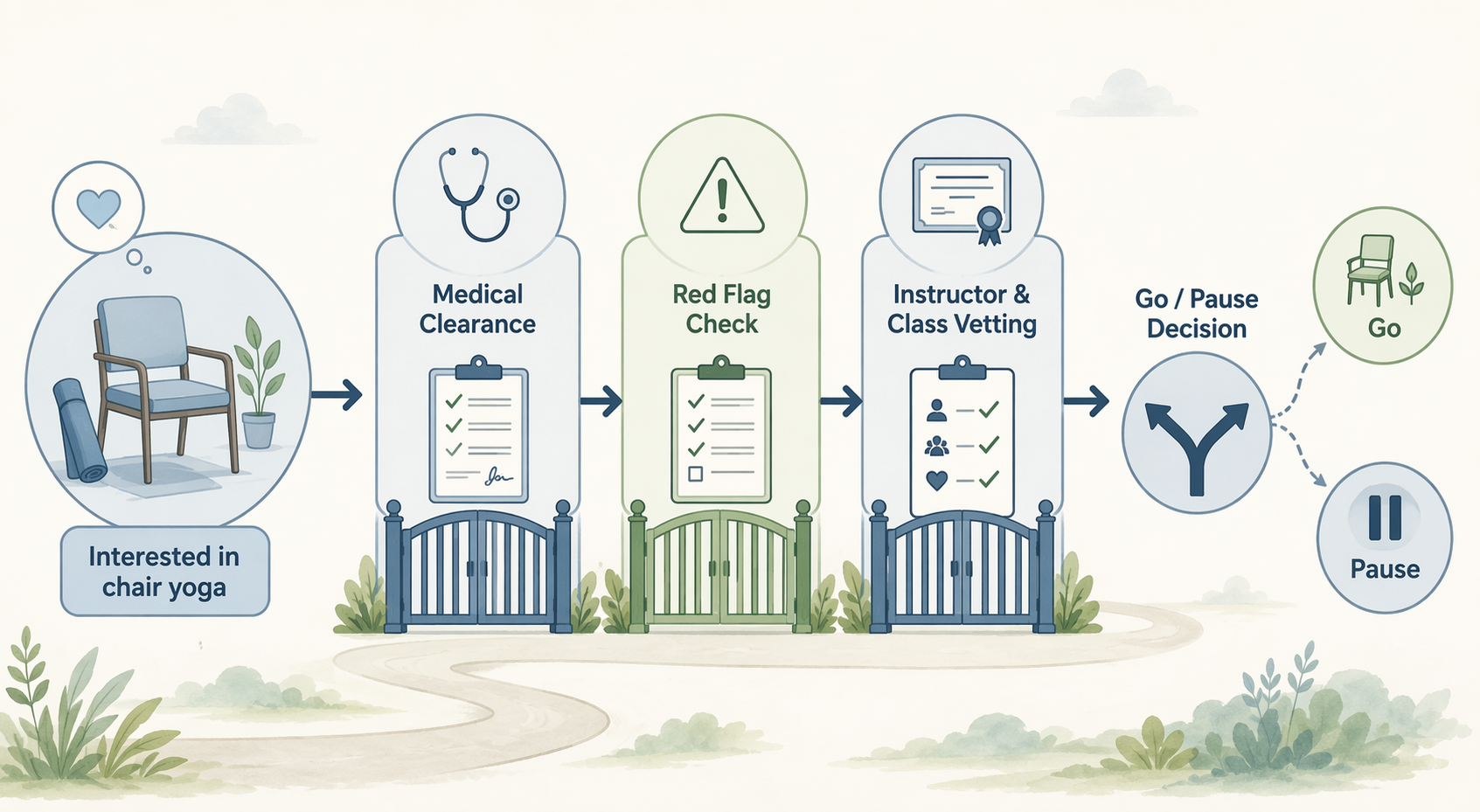 Decision pathway showing medical clearance, red flag check, and instructor vetting before a go-or-pause choice