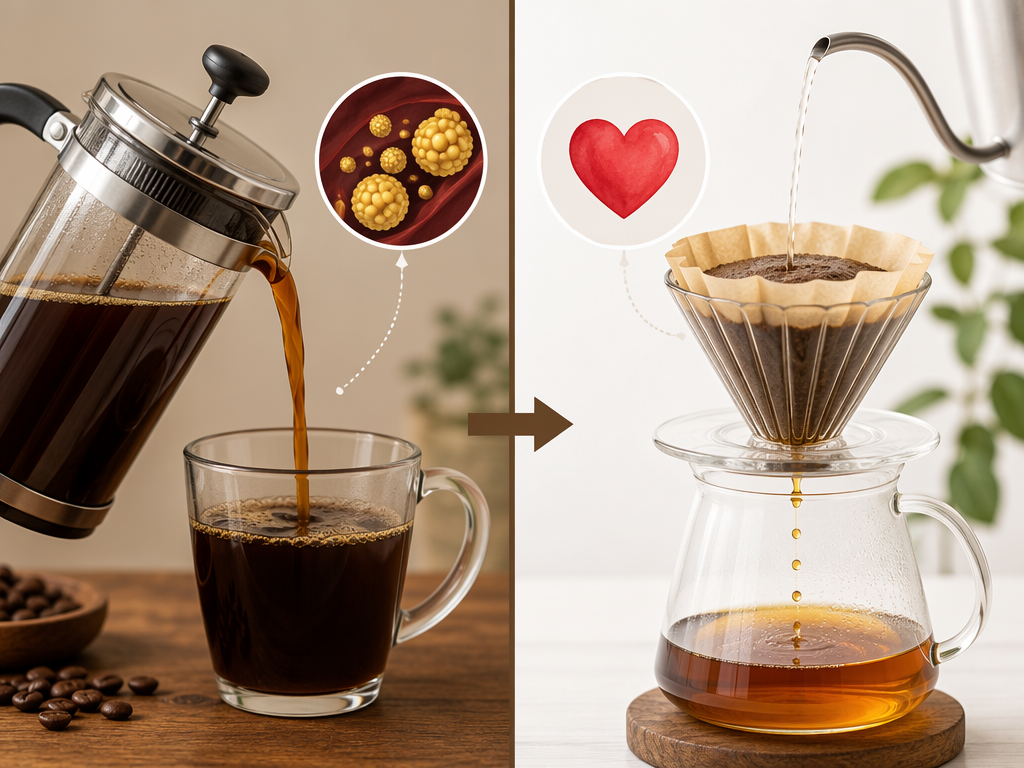 Comparison of French press coffee and paper drip coffee with cholesterol and heart icons
