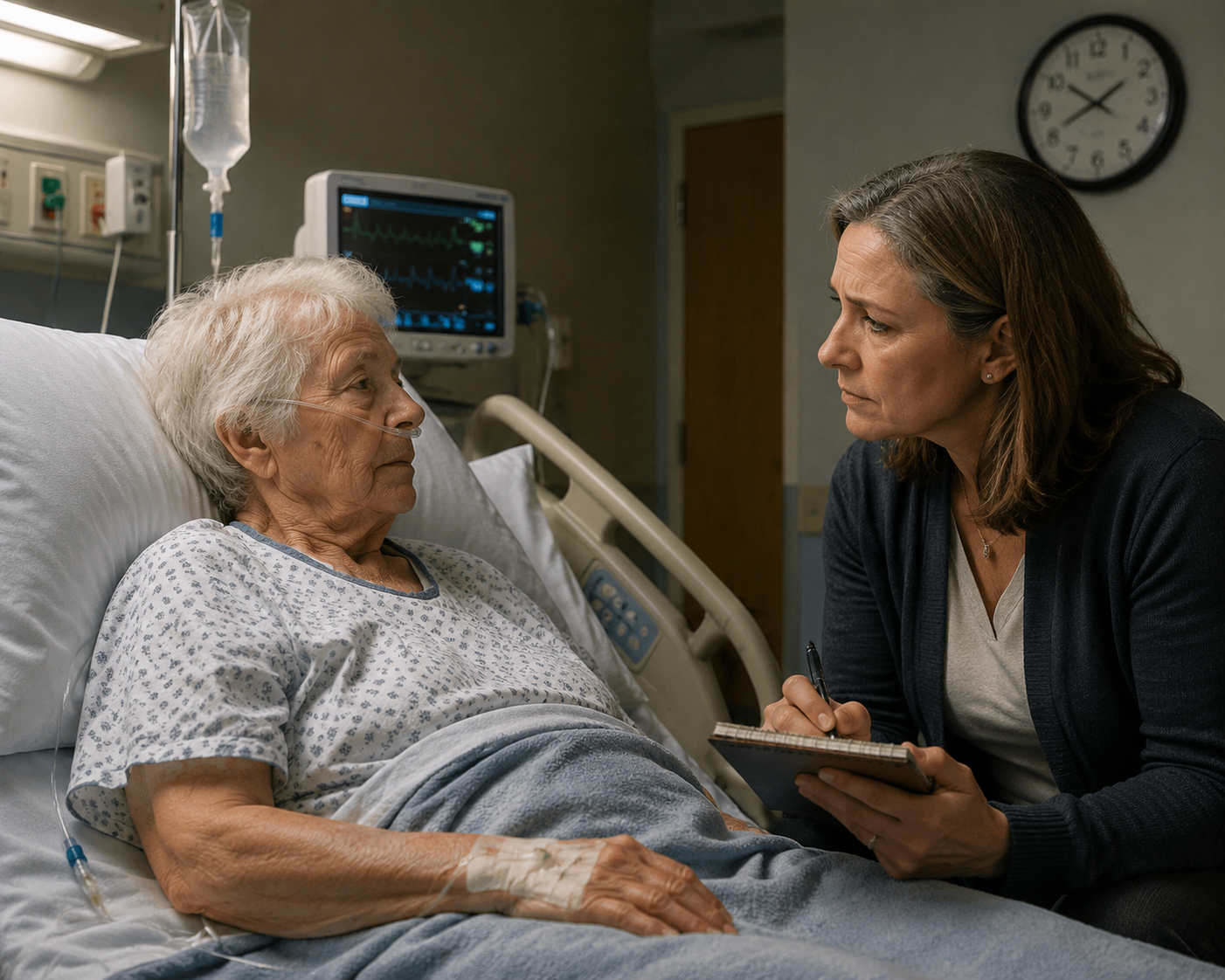 Older adult patient in a hospital bed while an adult daughter keeps notes beside the bed
