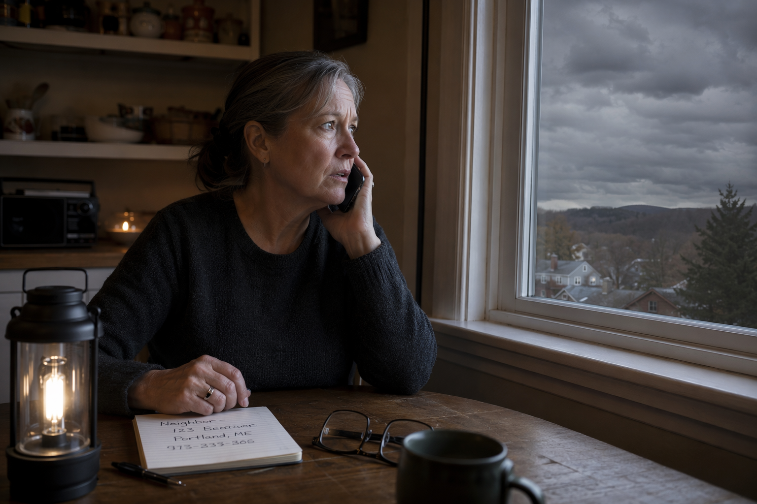 A worried but focused woman calling from a kitchen during stormy weather with notes and reading glasses on the table