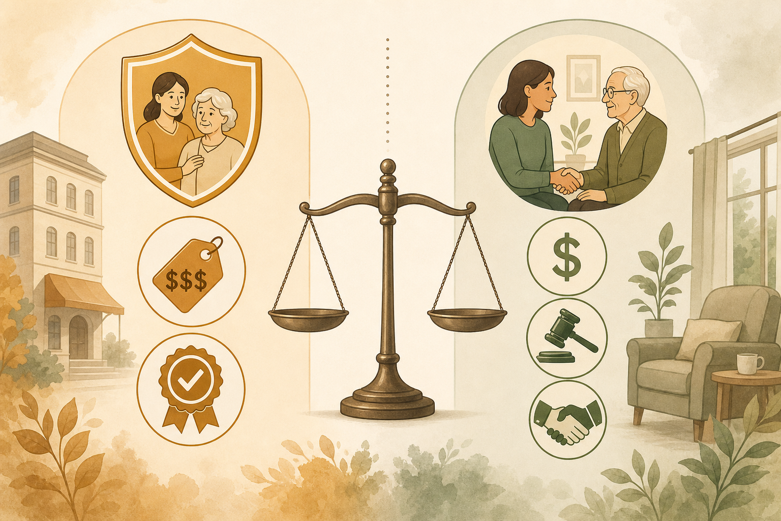 Side-by-side comparison illustration showing an Agency path with a shield and premium price tag versus a Private Hire path with a gavel and handshake icon.