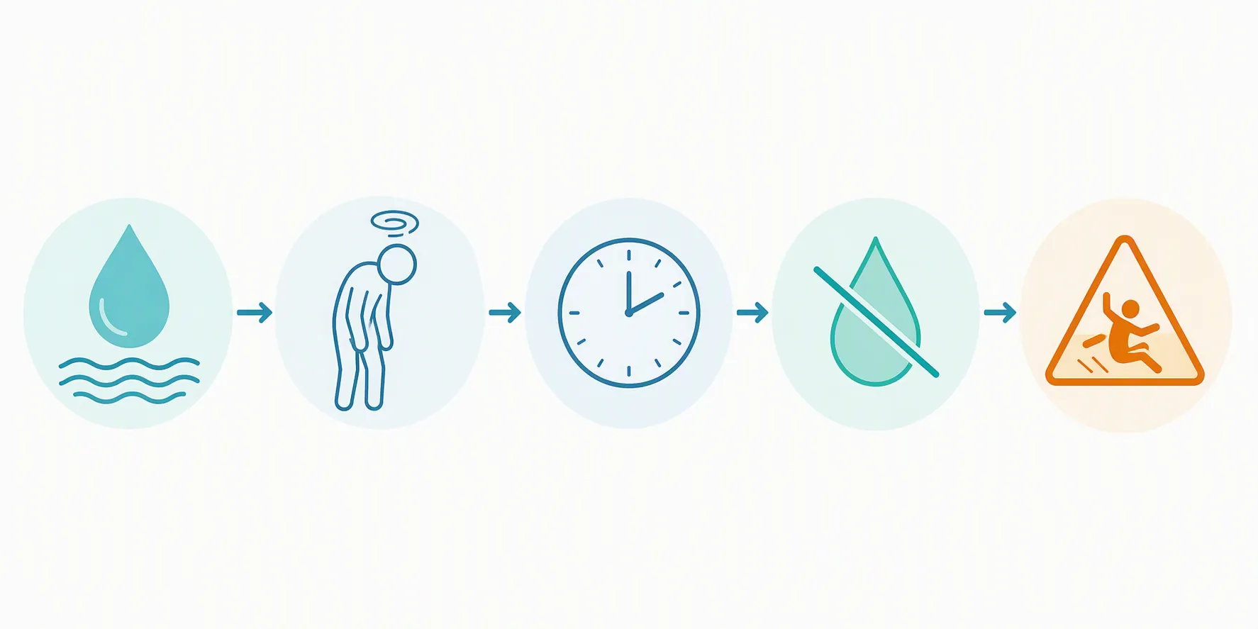 Infographic-style illustration showing fluid loss progressing to weakness, time passing, reduced hydration, and fall danger