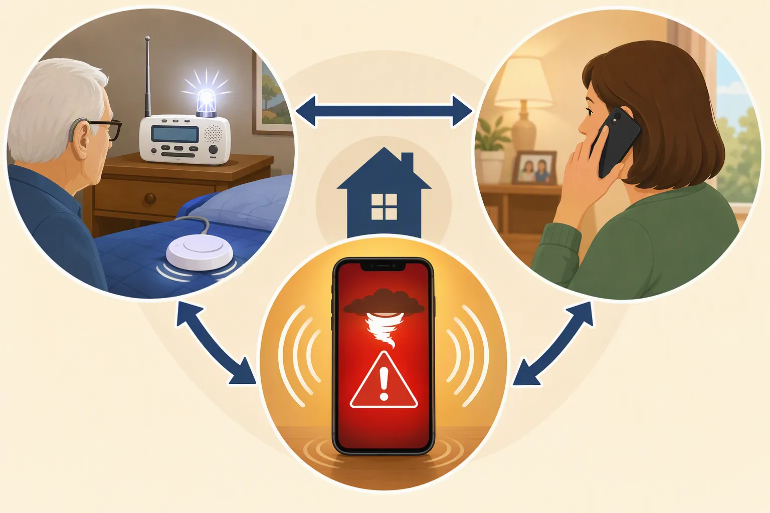 Weather radio, smartphone alert, and caregiver call connected as a redundant tornado warning system