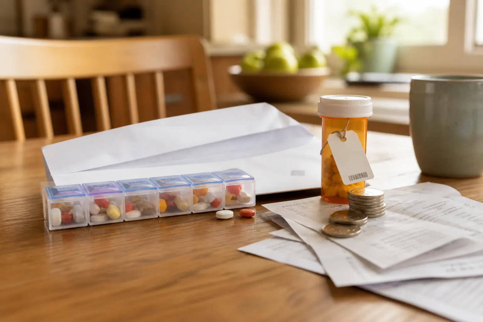 Weekly pill organizer, opened plan notice, prescription bottle, coins, and fine print suggesting hidden out-of-pocket costs behind a low premium