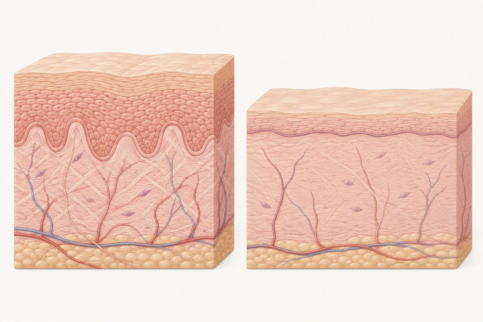 Illustration comparing normal skin with aging skin that has a thinner epidermis and flatter layer junction