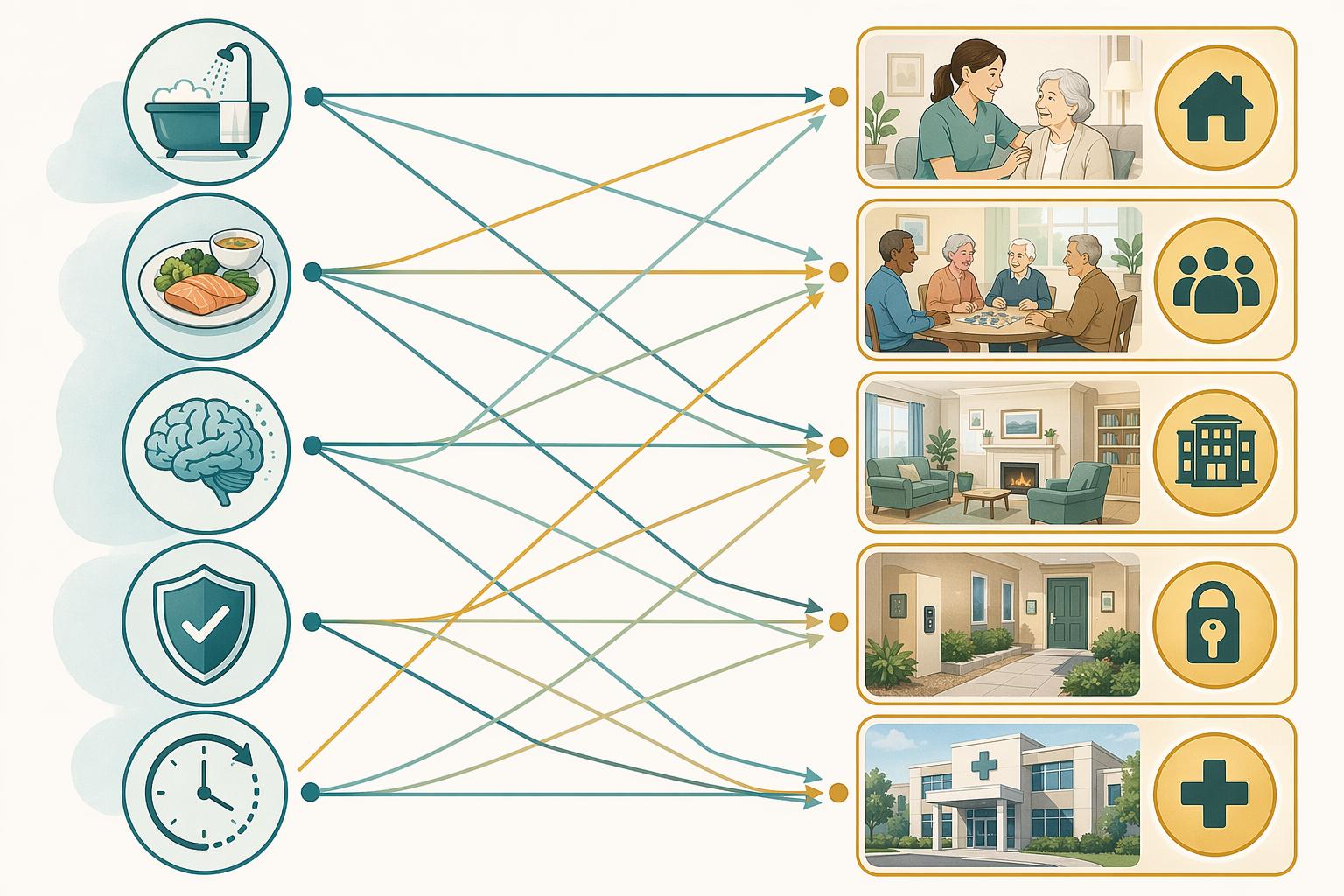 Matching framework illustration connecting bathing, meals, cognition, safety, and 24-hour needs to senior care settings