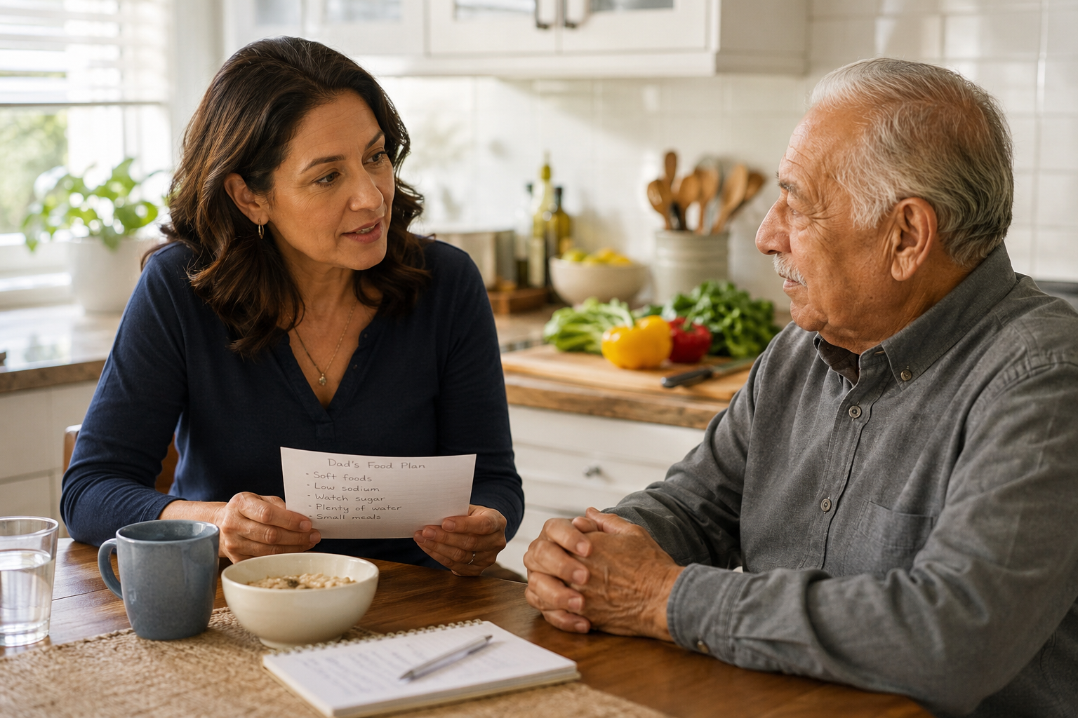 Caregiver and older father reviewing food safety plans at a kitchen table