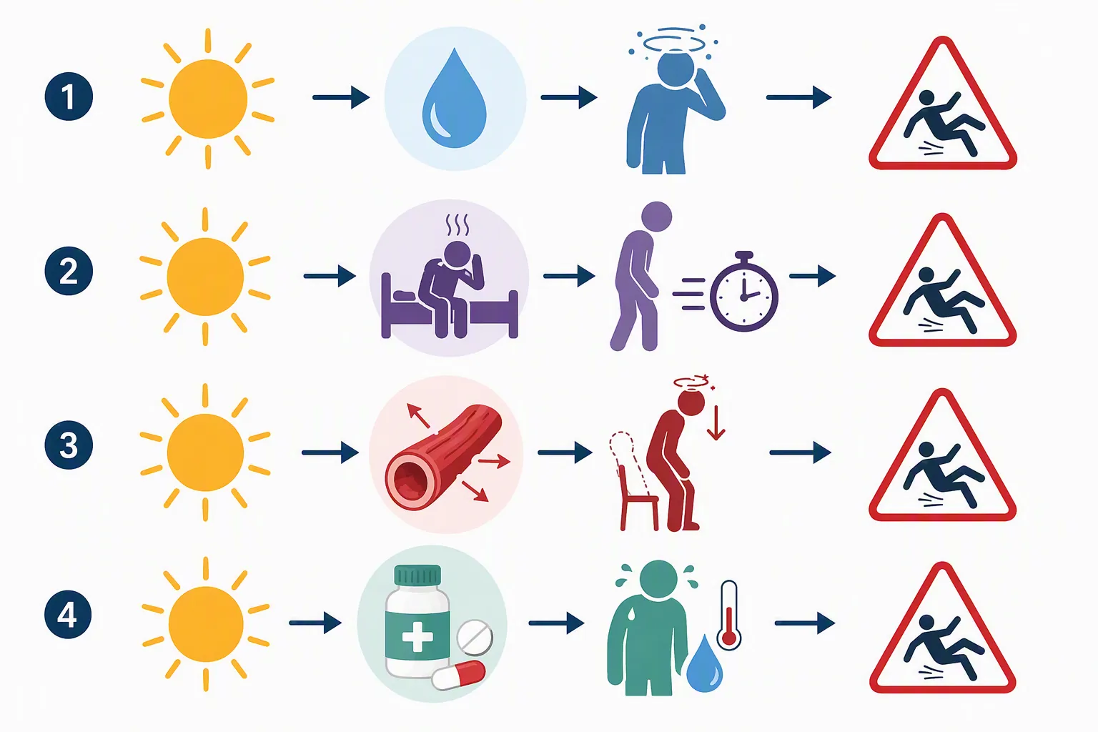 Diagram showing four pathways from heat exposure to fall risk in older adults