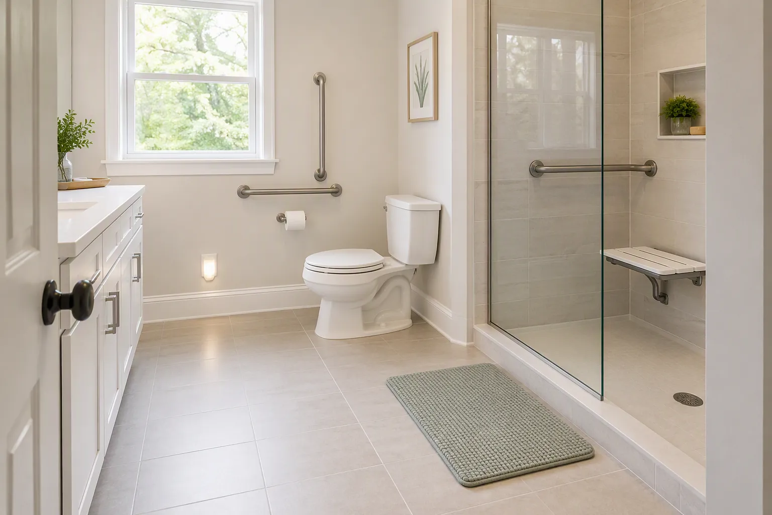 Bright senior-safe bathroom with grab bars, walk-in shower, non-slip mat, nightlight, and clear floor space