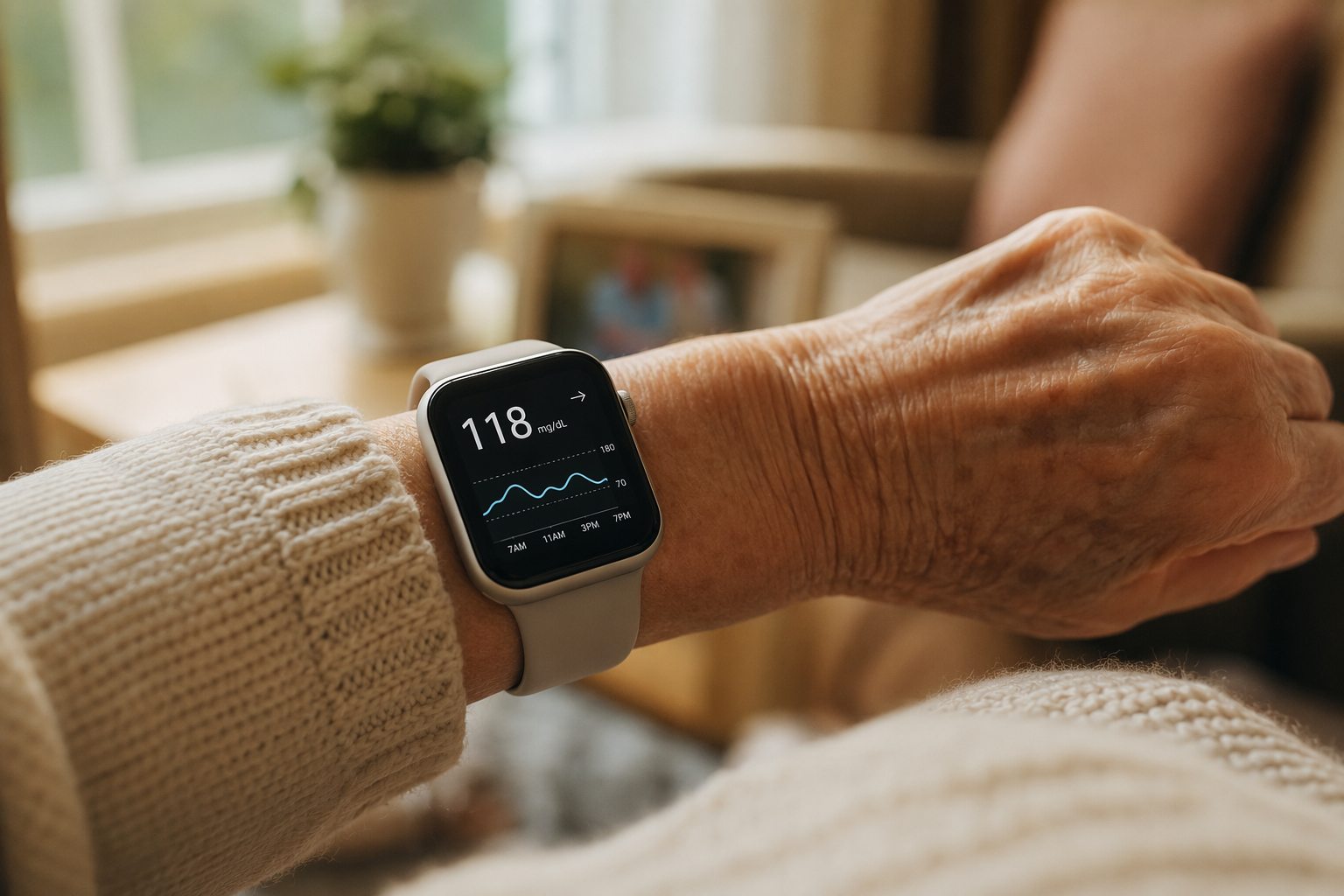 Older adult wearing a smartwatch that displays a glucose trend graph in a sunlit home