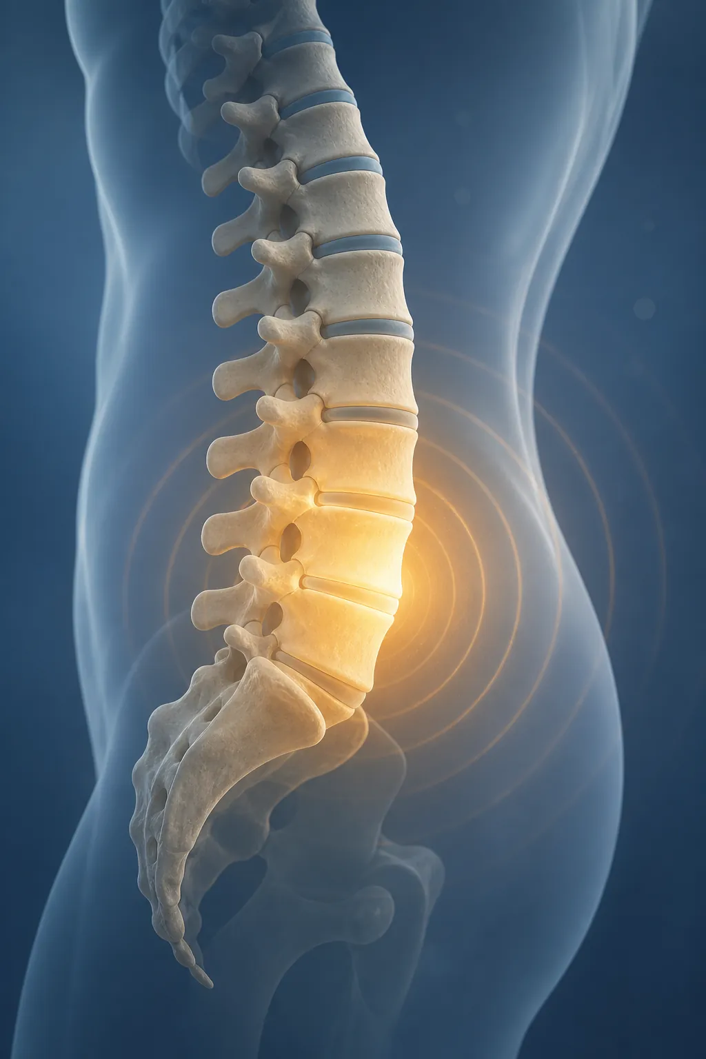 Medical-style illustration of the lower spine with a warm glow representing gradual healing