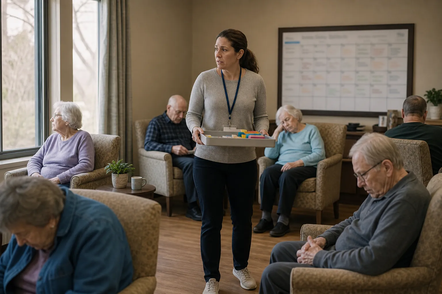 Senior living common room with disengaged residents and one staff member trying to start an activity