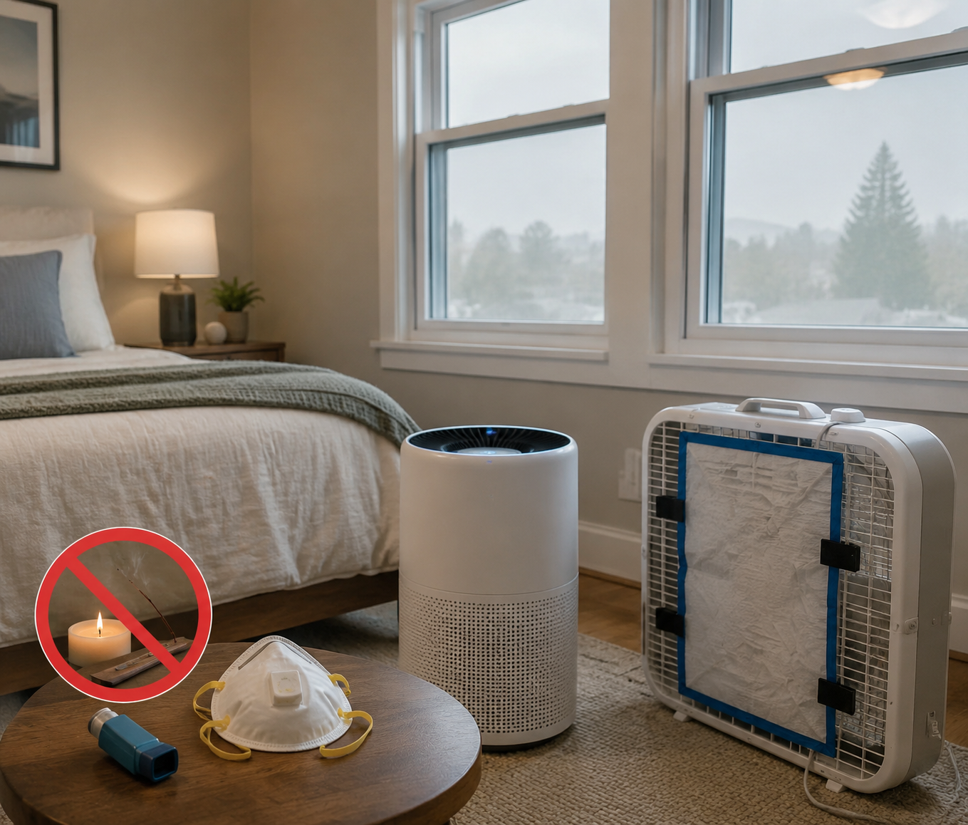Clean bedroom with sealed windows, HEPA air cleaner, box fan filter, N95 mask, inhaler, and no candles or incense