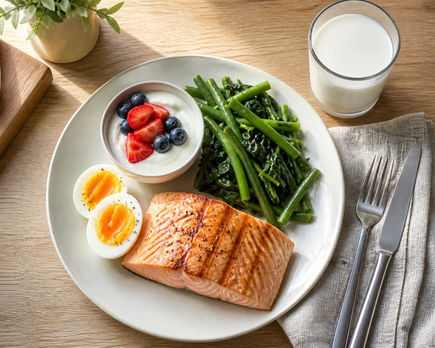 A protein-rich meal with salmon, egg, Greek yogurt, vegetables, leafy greens, and milk on a wooden table