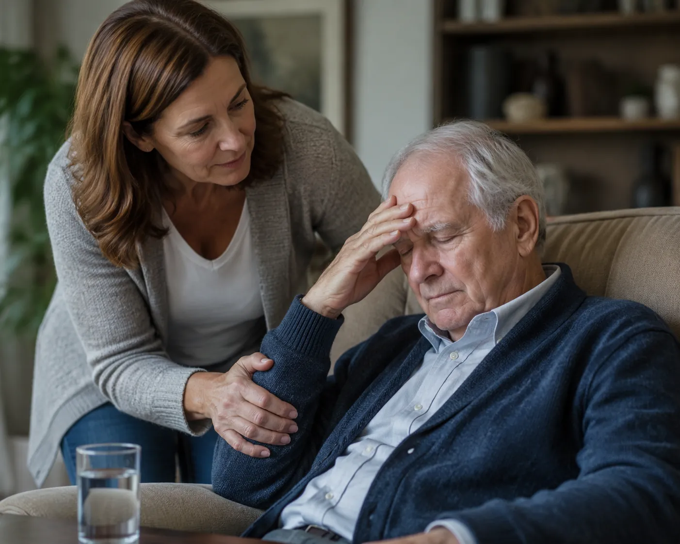 Adult daughter checking on tired elderly father with a glass of water nearby