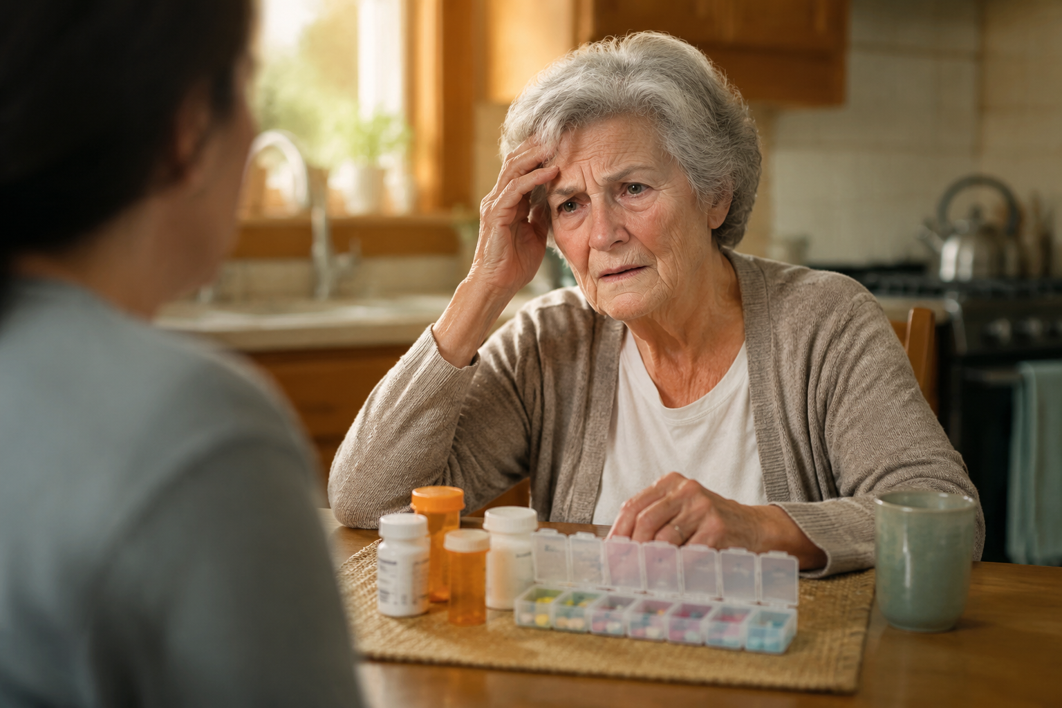 An older adult woman sits at a kitchen table looking confused beside pill bottles and a weekly medication organizer.