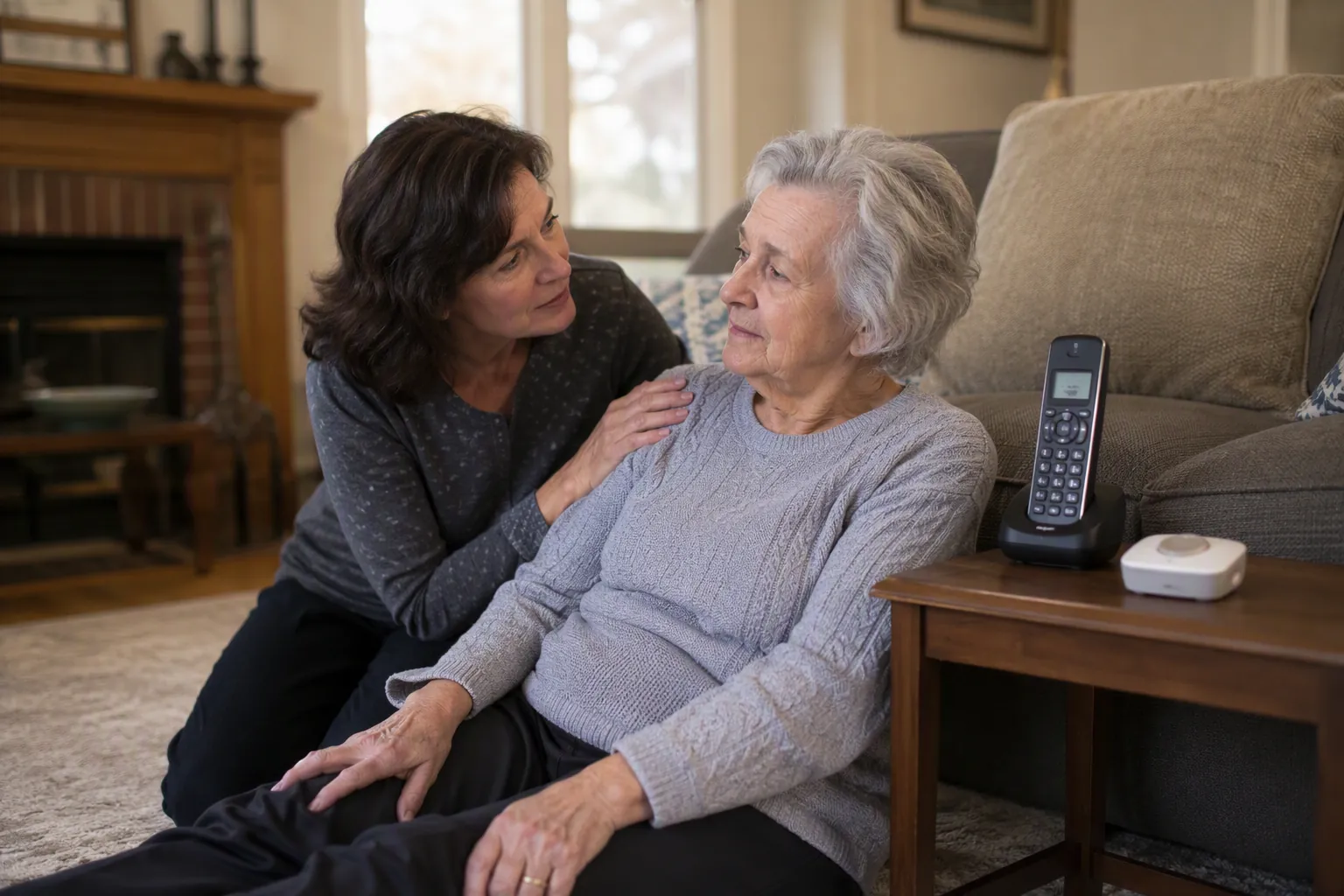 Older woman sitting on the floor near a sofa while her adult daughter kneels beside her and a phone is within reach