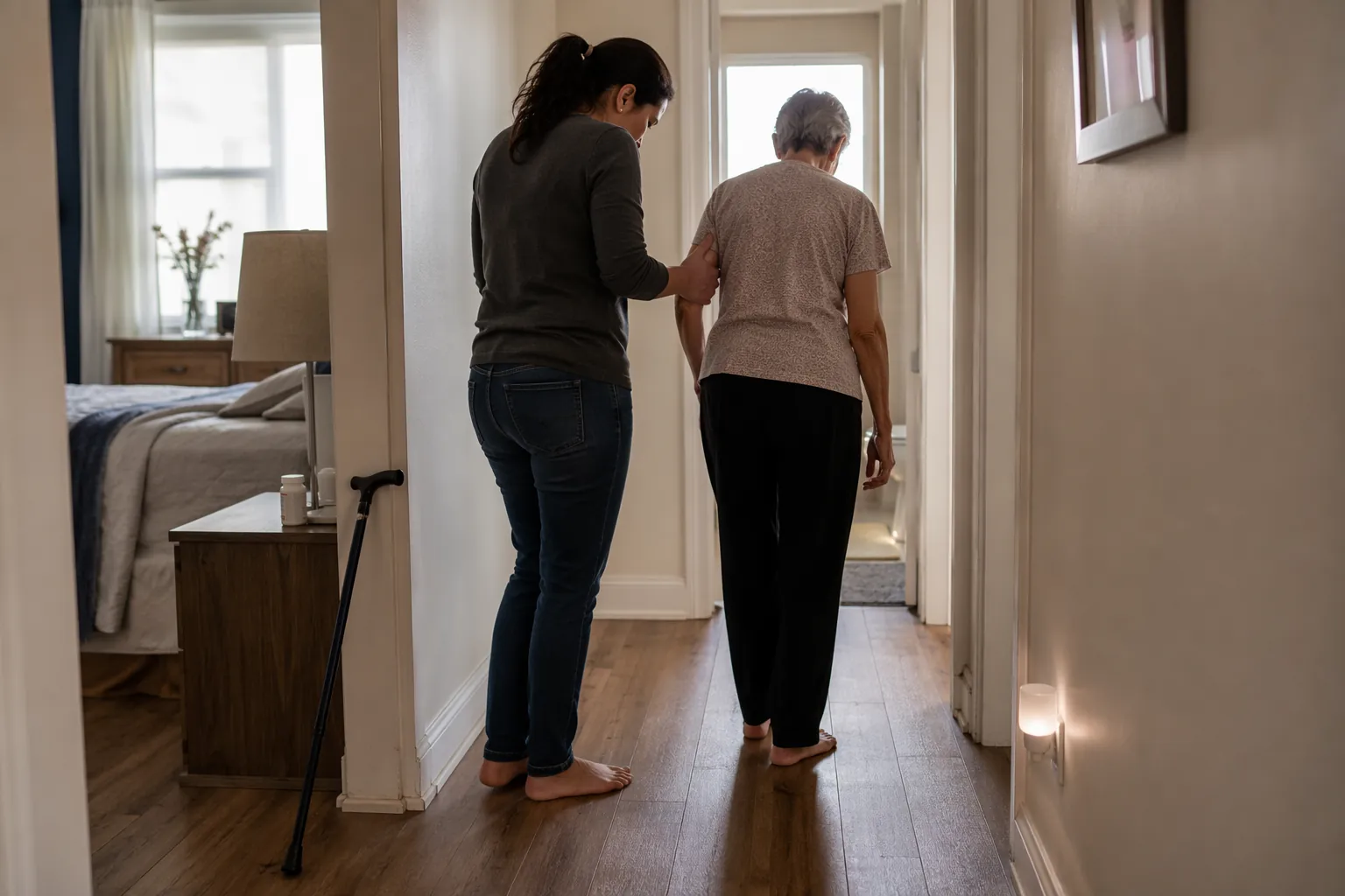Adult caregiver supporting an older parent walking from bedroom toward bathroom at home