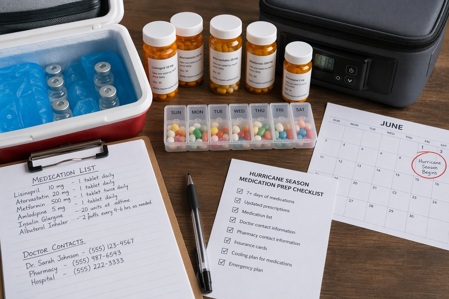 Medication preparedness setup with pill organizer, prescription bottles, insulin cooler, medication list, doctor contacts, and calendar