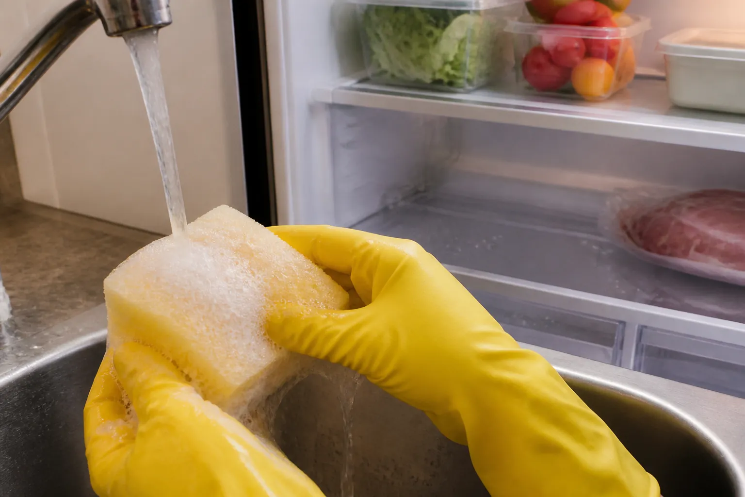 Hands in yellow gloves washing a sponge near an open refrigerator shelf