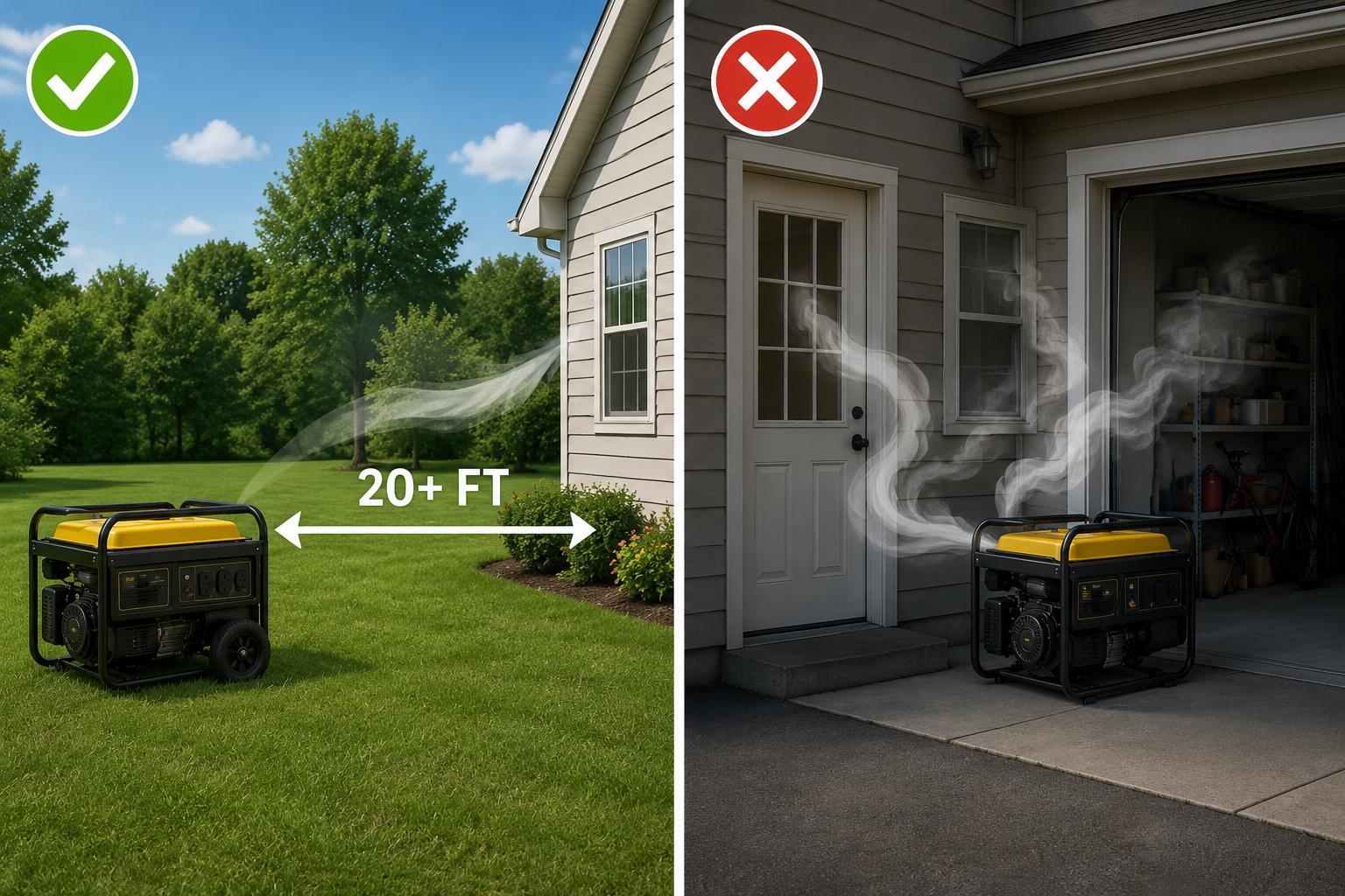 Split visual comparison of generator safety: left side shows a generator placed outdoors safely away from a house, right side shows a generator dangerously close to a back door with stylized carbon monoxide fumes drifting toward the home.
