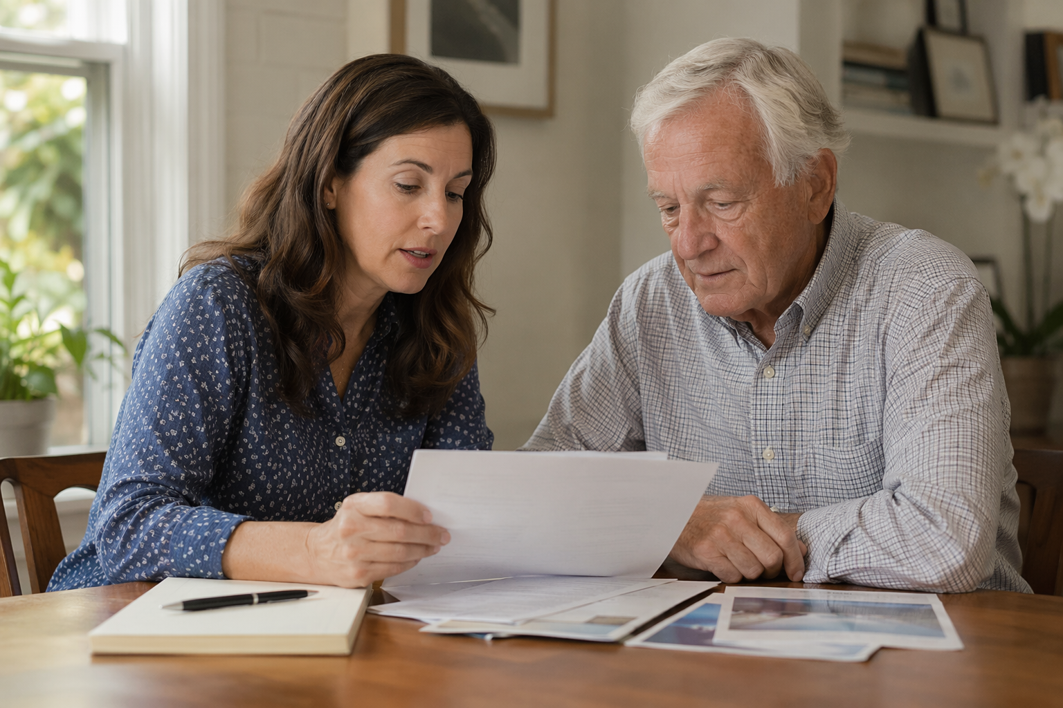 Adult daughter and elderly father reviewing senior living papers and a checklist at a table