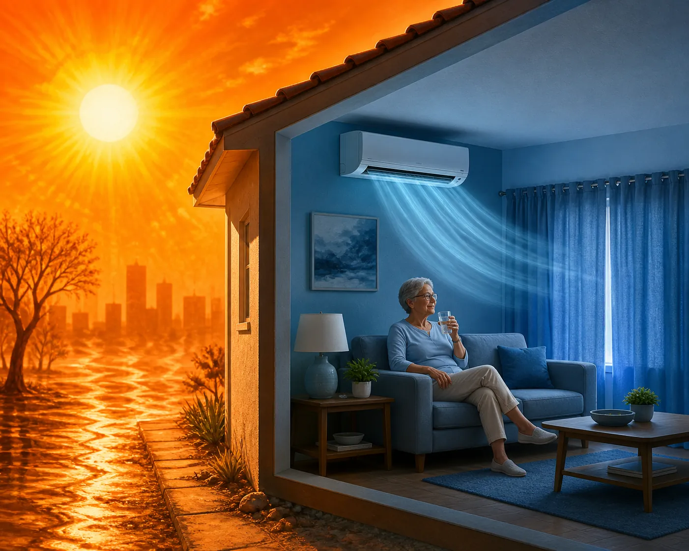Home interior kept cool during extreme heat with air conditioning, drawn curtains, and an older adult seated indoors