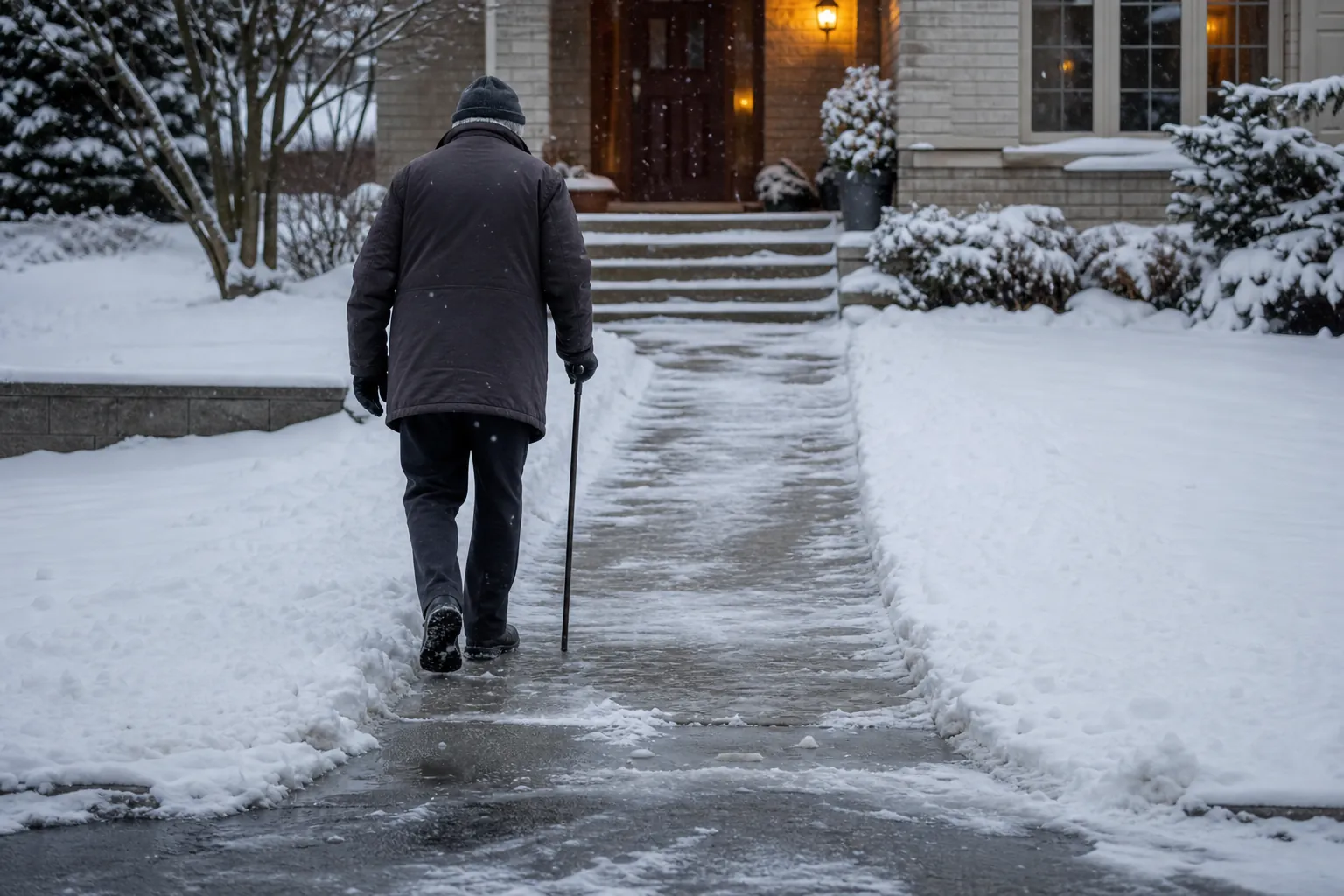 Older adult walking slowly along a snowy walkway toward a lit front door