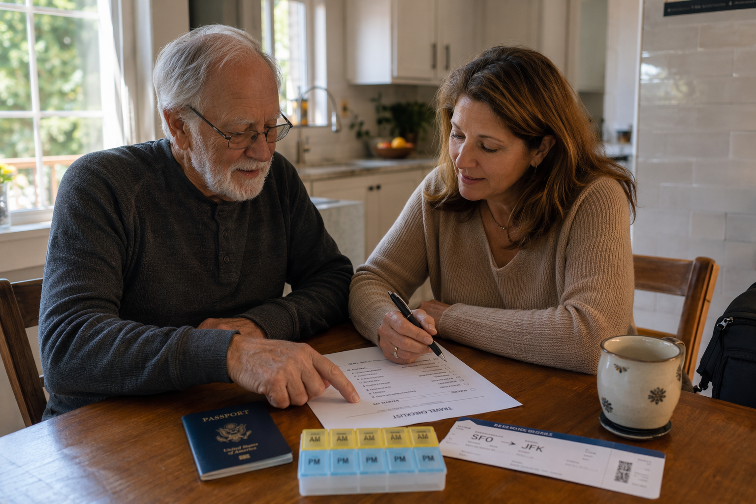 Middle-aged daughter and elderly father reviewing travel documents, a checklist, medication organizer, and boarding pass at a kitchen table