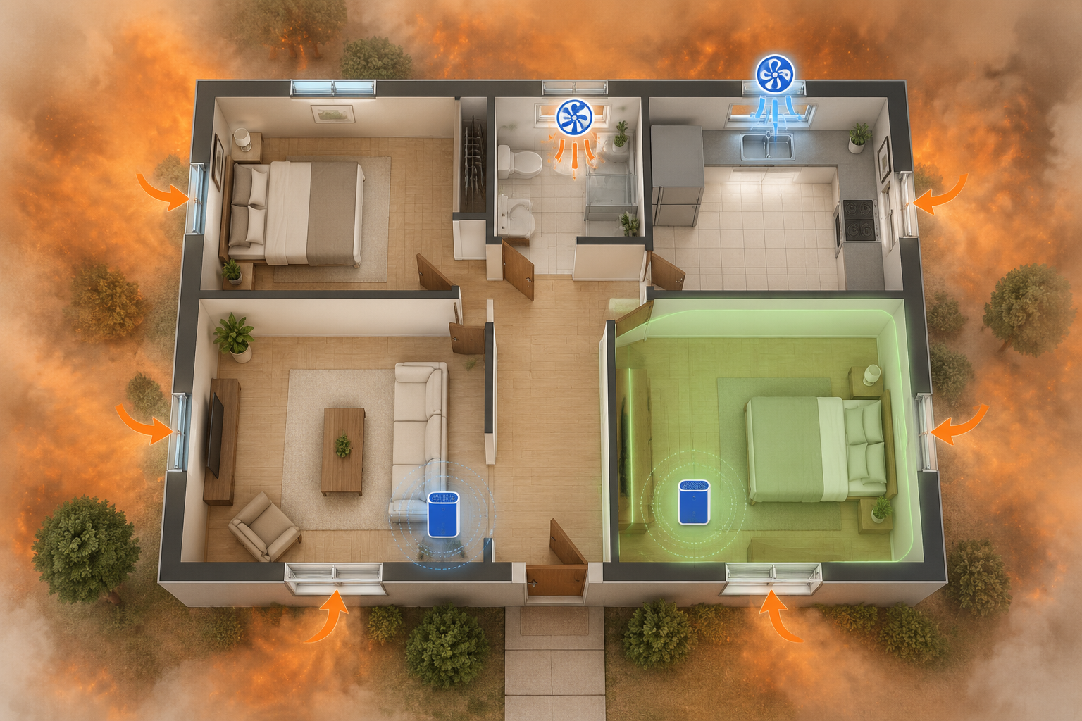 Home floor plan showing a bedroom selected as the clean-air room, HEPA purifiers in key rooms, and smoke outside the home