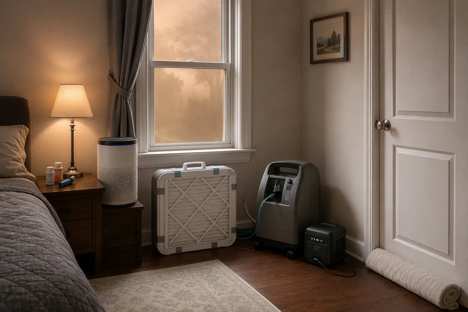 A sealed bedroom set up as a clean-air room with an air purifier, filtered box fan, oxygen concentrator backup battery, and medications nearby