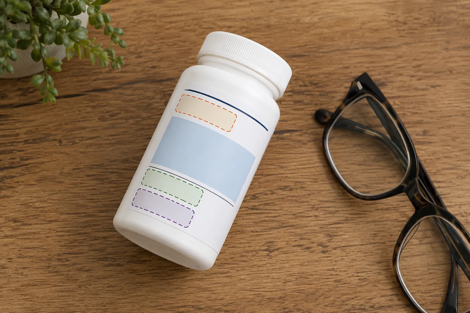 White pill bottle label with areas for NDC number, lot number, and expiration date highlighted
