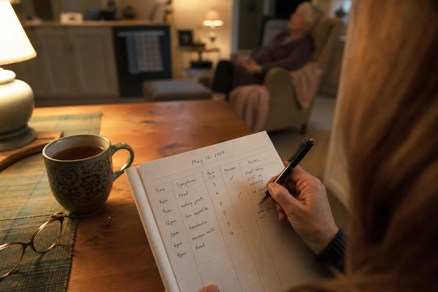 Caregiver writing notes in a paper symptom log while an older adult rests nearby
